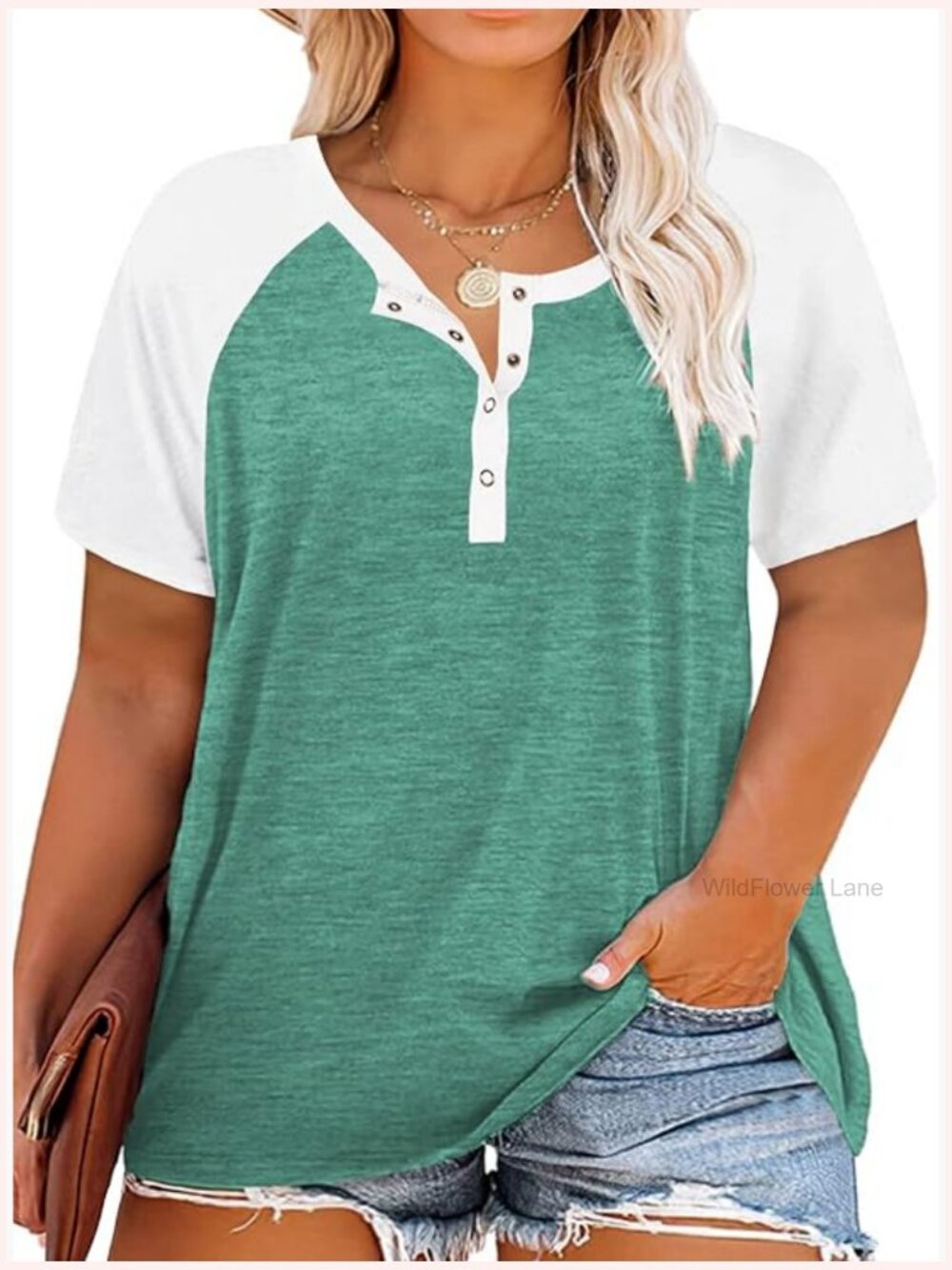 Plus Size Raglan Henley Shirt Buttons Up Tunic Color Block Tee